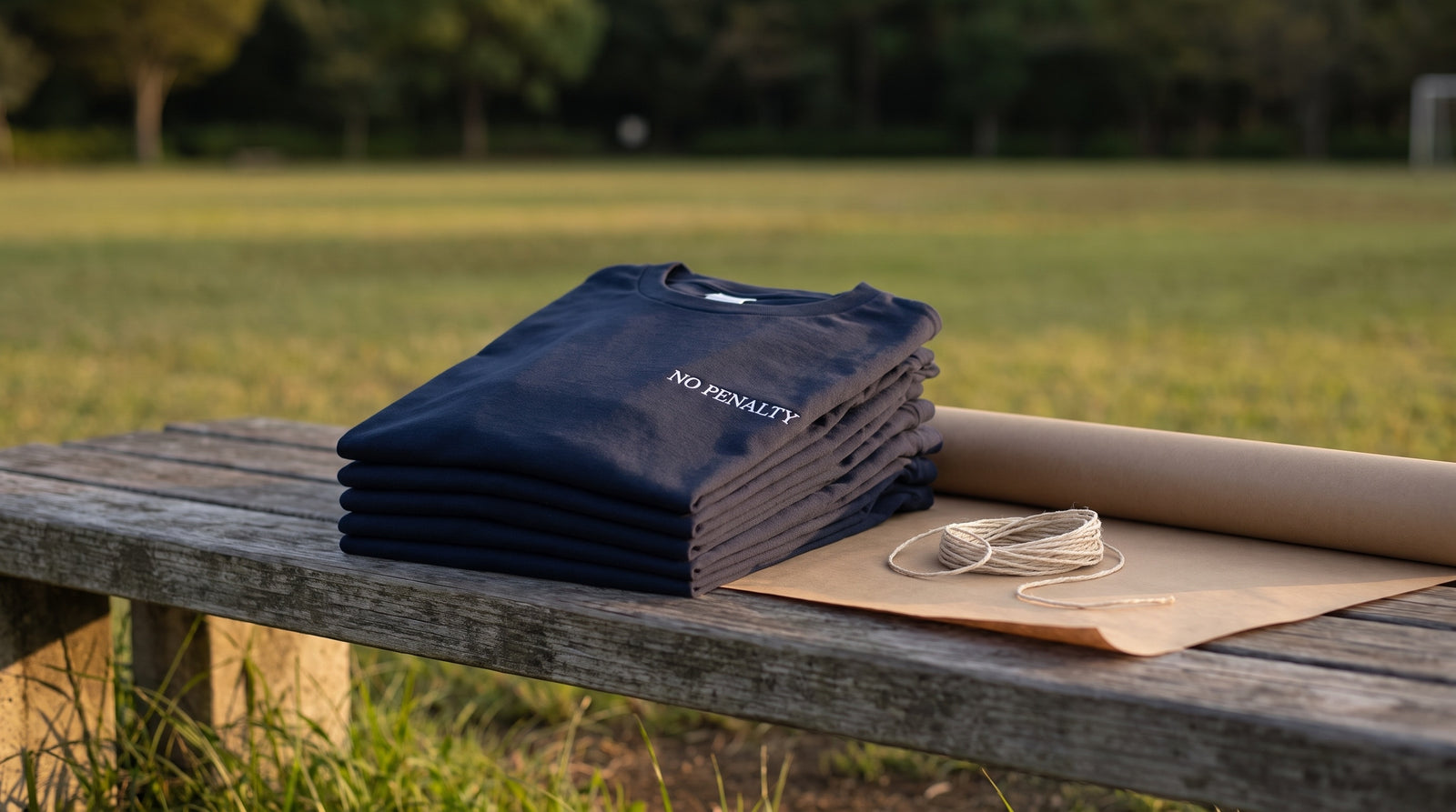 グラウンド脇のベンチに積まれた、たたんだネイビーのTシャツとクラフト紙