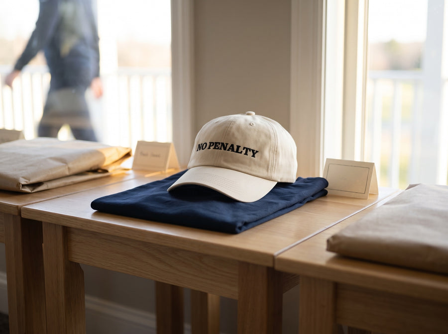 表彰の賞品台に、NO PENALTYのキャップとTシャツが並ぶ