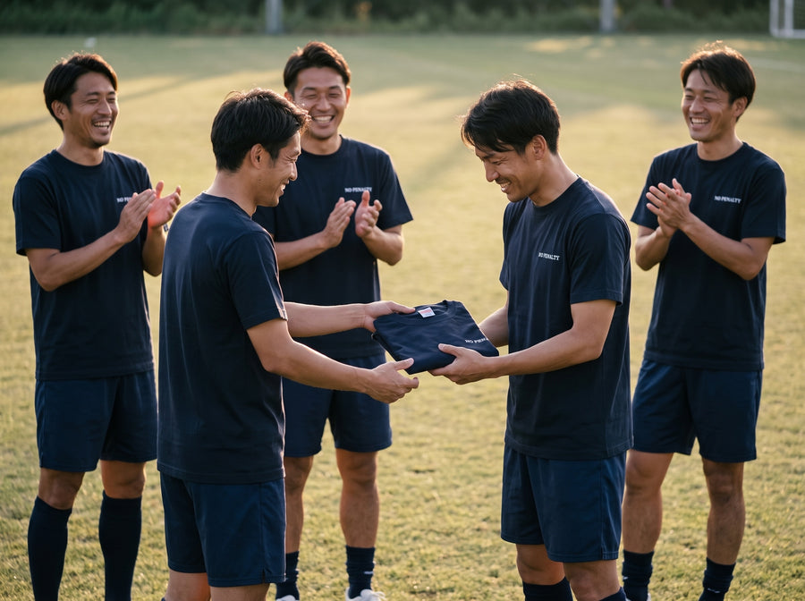 練習後のグラウンドで、たたんだネイビーのTシャツを手渡して讃え合うチーム